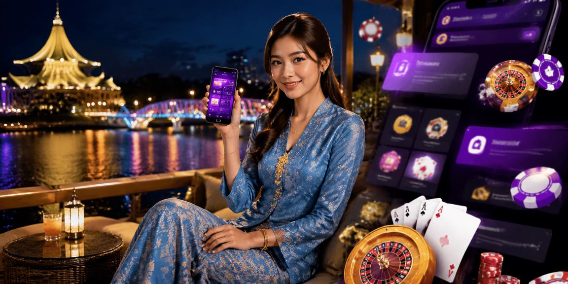 Pengguna wanita berbaju kurung di Kuching menggunakan aplikasi kasino 350 dengan selesa